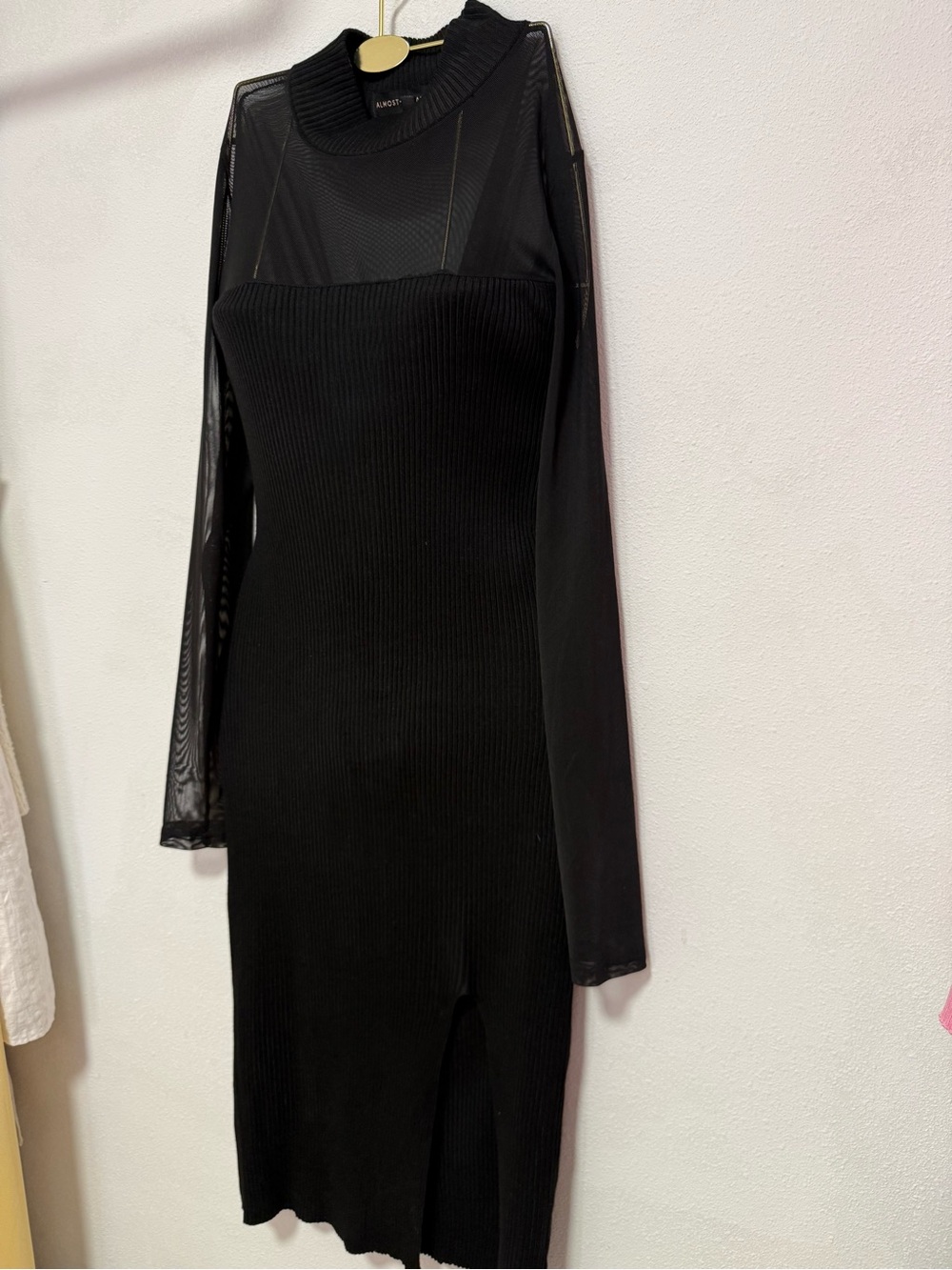 Black Mesh-Panel Ribbed Midi Dress